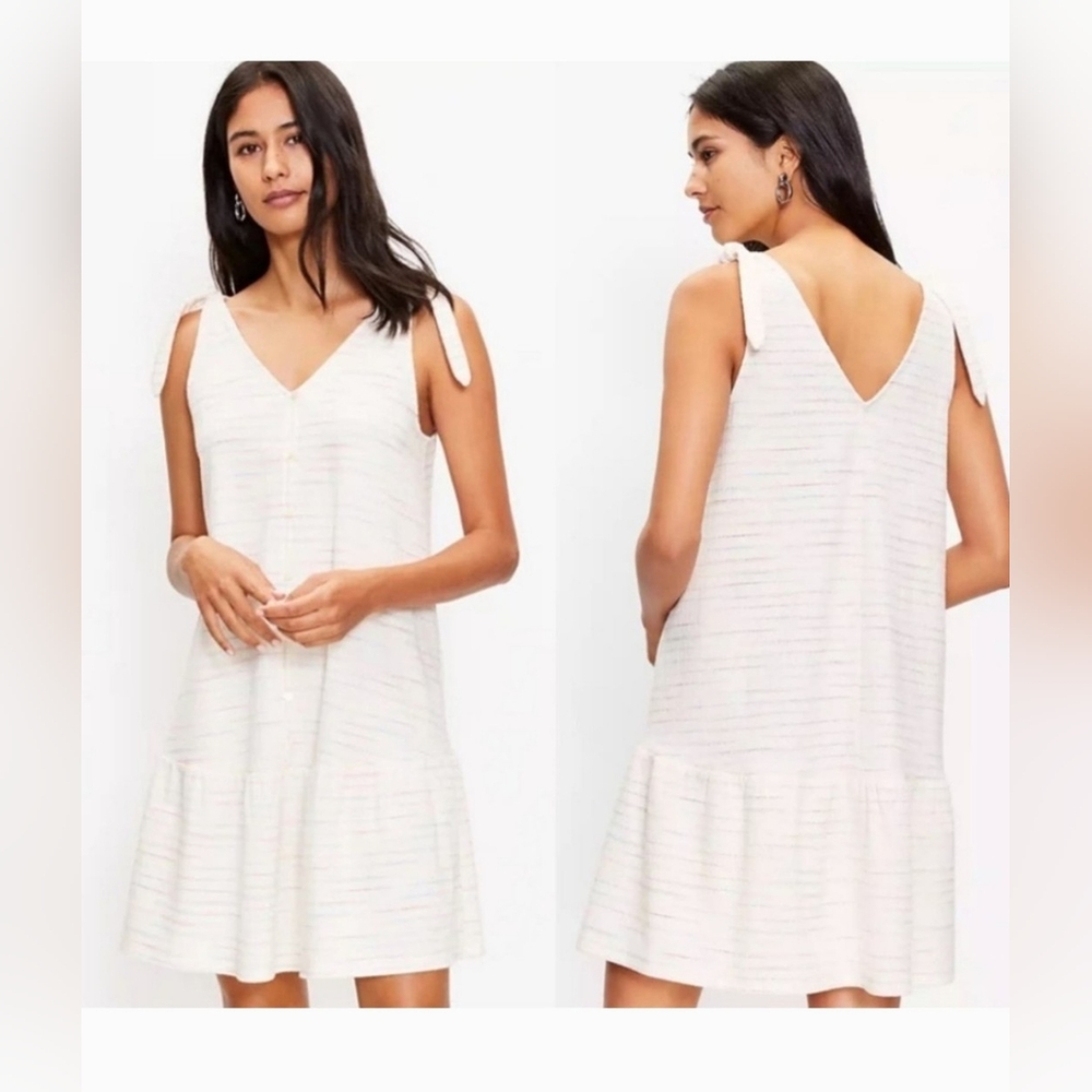 LOFT Bow Strap Button Dress. Cream Sleeveless Mini.. - Picture 1 of 7